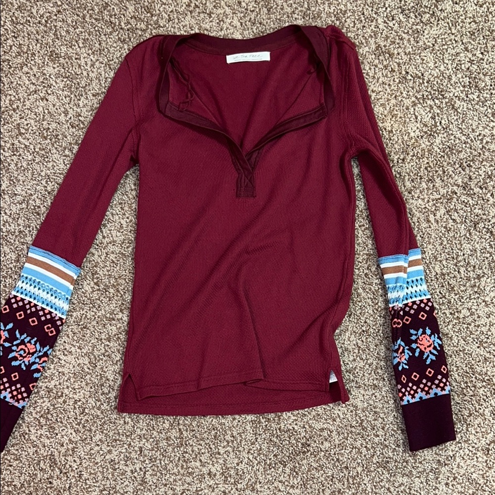 Women's Burgundy Top with Patterned Sleeves